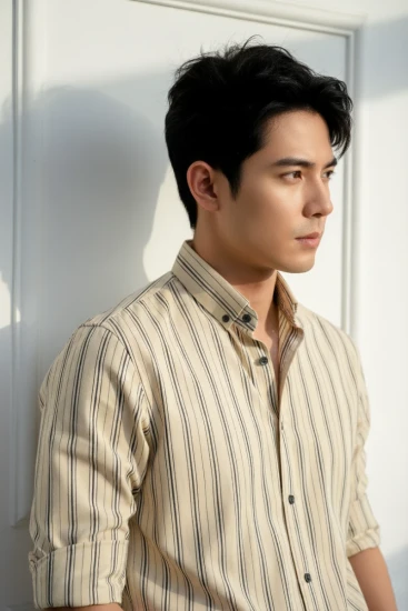 Beige & Black Vertical Stripe Casual Shirt